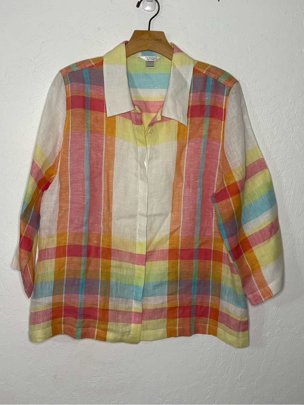 Christopher & Banks 100% Linen Plaid Button Up Shirt Womens L Multi Color Beachy